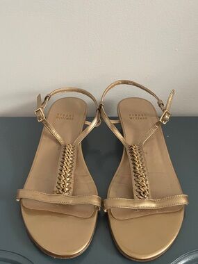 Stuart Weitzman Metallic Gold T-Strap Chain Sandals